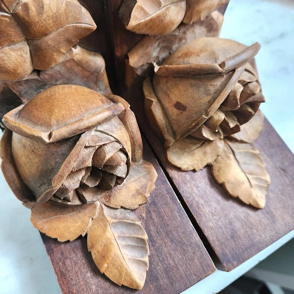 Antique Rose Wood Bookends Hand Carved‎ Floral Library French Country Decor